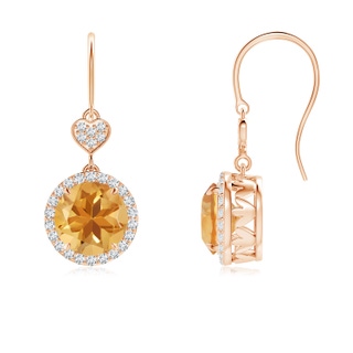 7mm A Claw-Set Citrine Dangle Earrings with Diamond Heart Motif in 10K Rose Gold
