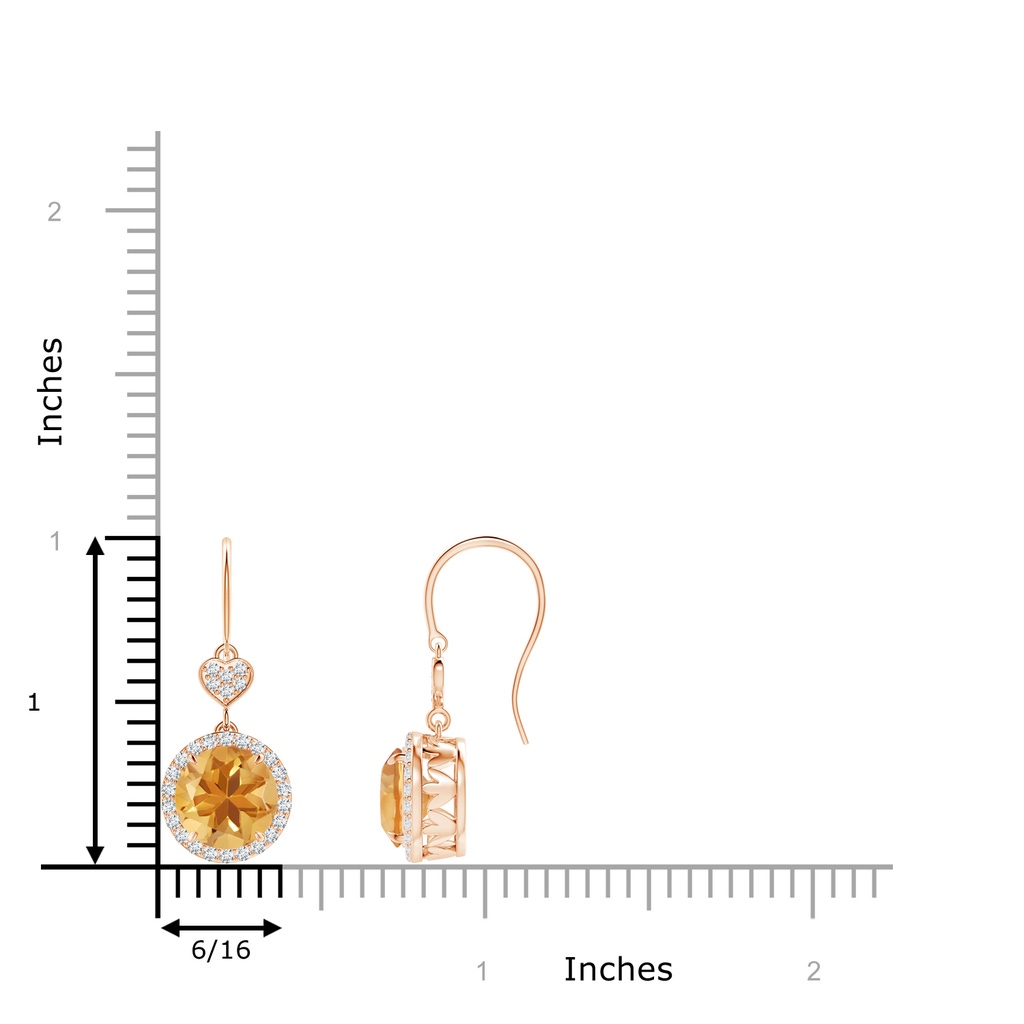 7mm A Claw-Set Citrine Dangle Earrings with Diamond Heart Motif in 10K Rose Gold Ruler