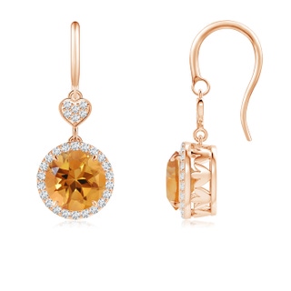 7mm AA Claw-Set Citrine Dangle Earrings with Diamond Heart Motif in Rose Gold