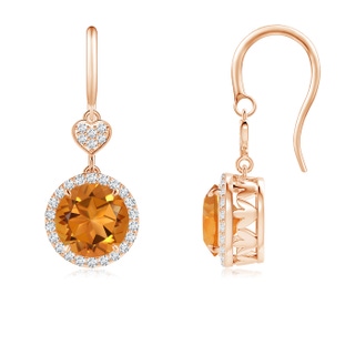 7mm AAA Claw-Set Citrine Dangle Earrings with Diamond Heart Motif in Rose Gold
