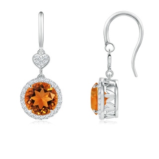 7mm AAAA Claw-Set Citrine Dangle Earrings with Diamond Heart Motif in P950 Platinum