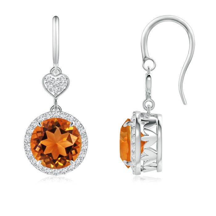 8mm AAAA Claw-Set Citrine Dangle Earrings with Diamond Heart Motif in White Gold