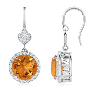 9mm AAA Claw-Set Citrine Dangle Earrings with Diamond Heart Motif in P950 Platinum