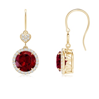 7mm AAA Claw-Set Garnet Dangle Earrings with Diamond Heart Motif in Yellow Gold