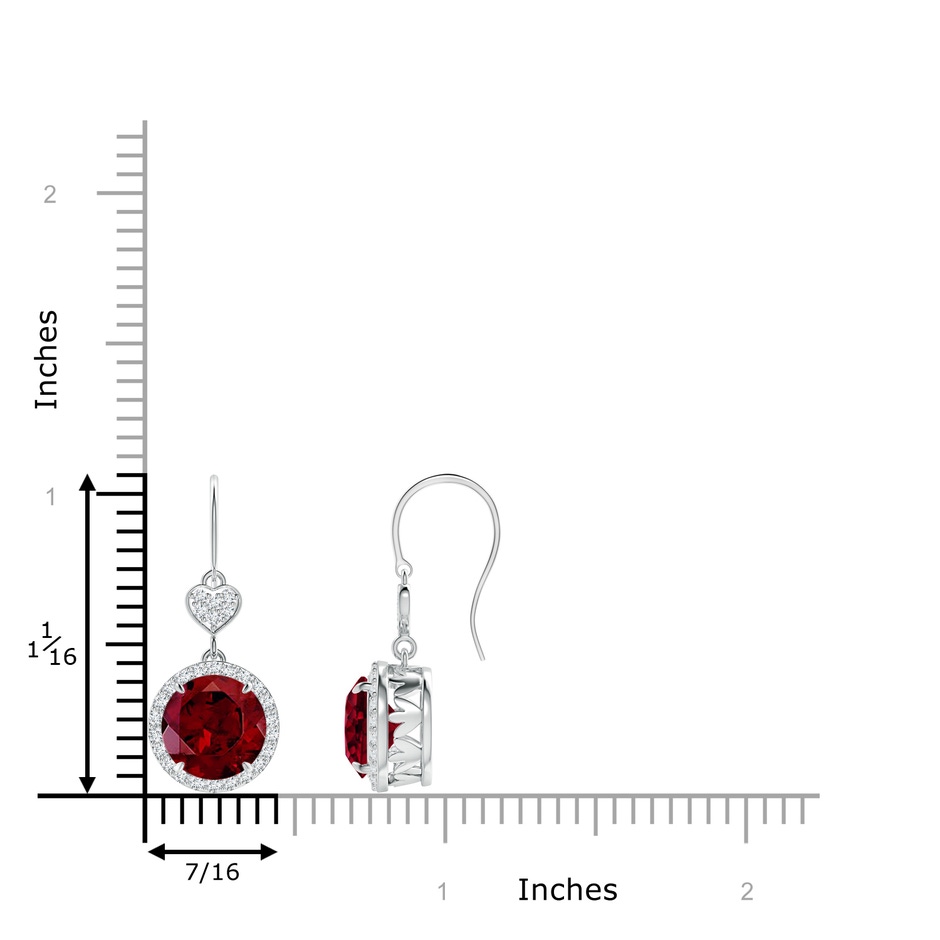 8mm AAA Claw-Set Garnet Dangle Earrings with Diamond Heart Motif in White Gold ruler