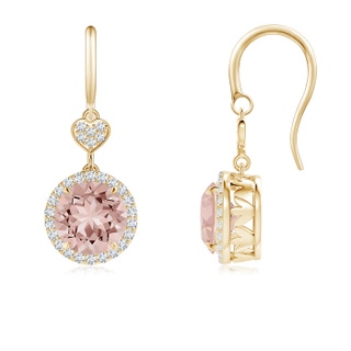 7mm AAAA Claw-Set Morganite Dangle Earrings with Diamond Heart Motif in Yellow Gold