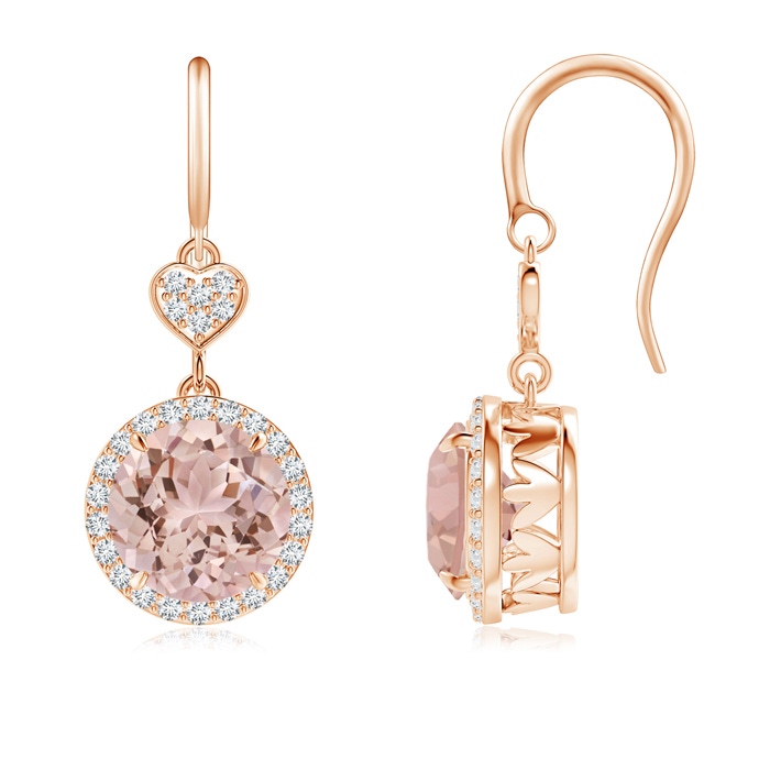 8mm AAA Claw-Set Morganite Dangle Earrings with Diamond Heart Motif in Rose Gold