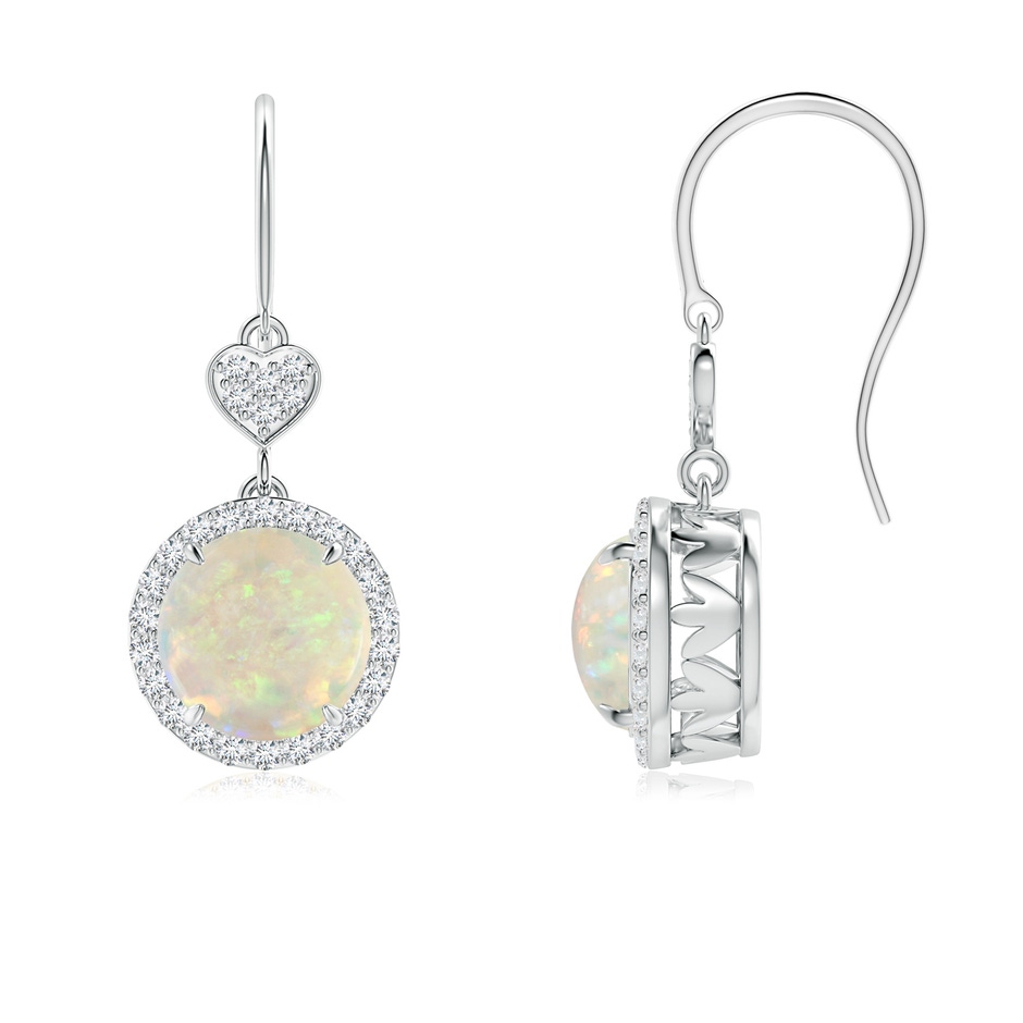 7mm AAA Claw-Set Cabochon Opal Dangle Earrings with Heart Motif in 18K White Gold 