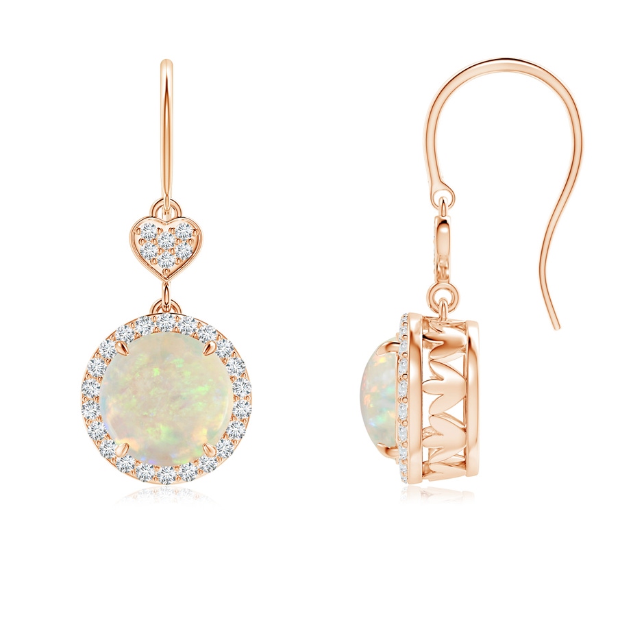 7mm AAA Claw-Set Cabochon Opal Dangle Earrings with Heart Motif in Rose Gold 