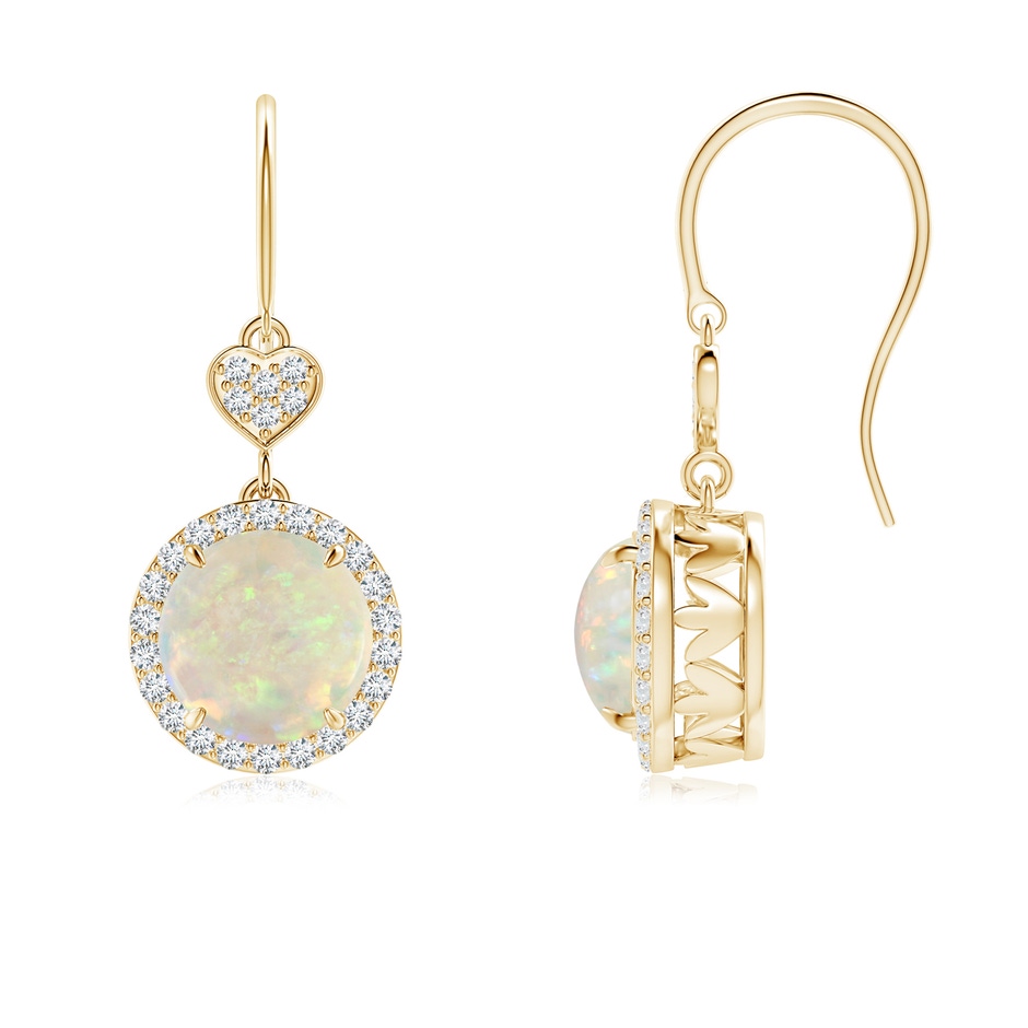 7mm AAA Claw-Set Cabochon Opal Dangle Earrings with Heart Motif in Yellow Gold 