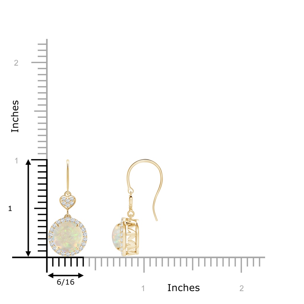 7mm AAA Claw-Set Cabochon Opal Dangle Earrings with Heart Motif in Yellow Gold Ruler