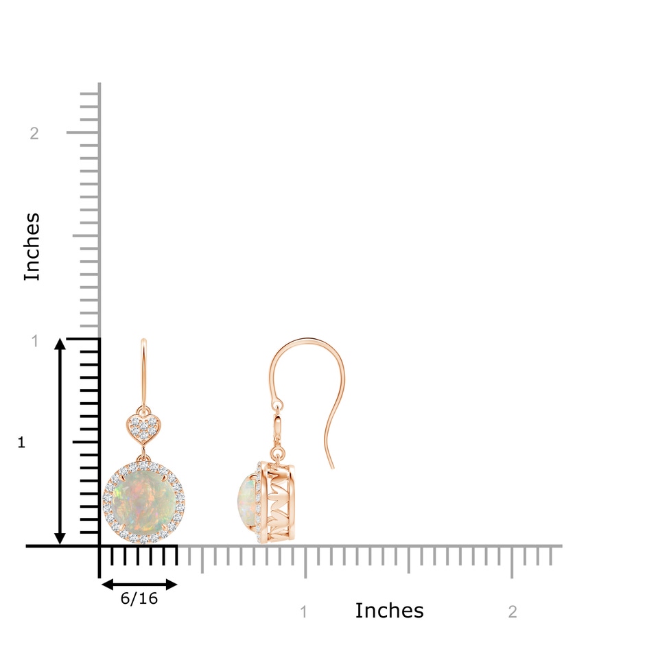 7mm AAAA Claw-Set Cabochon Opal Dangle Earrings with Heart Motif in Rose Gold ruler