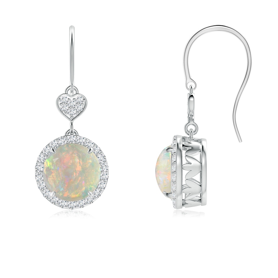 7mm AAAA Claw-Set Cabochon Opal Dangle Earrings with Heart Motif in White Gold 