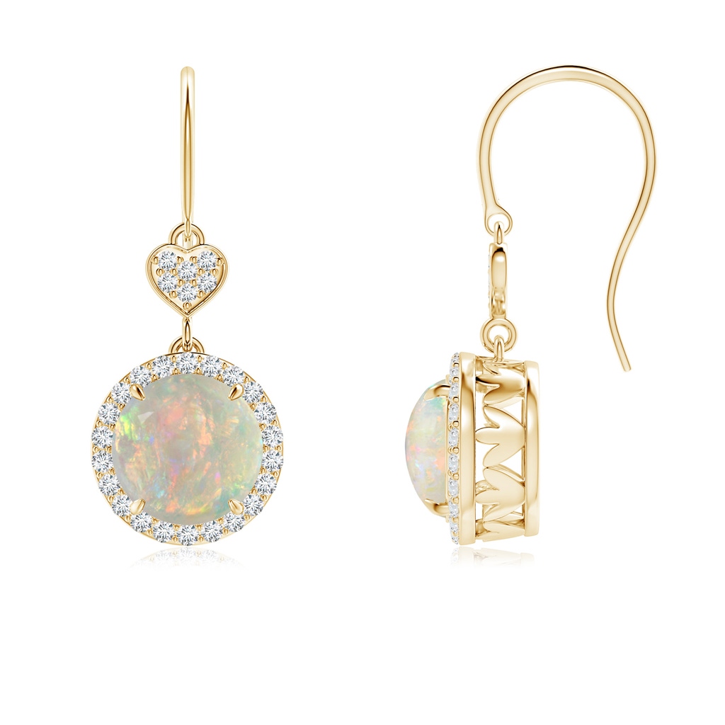 7mm AAAA Claw-Set Cabochon Opal Dangle Earrings with Heart Motif in Yellow Gold