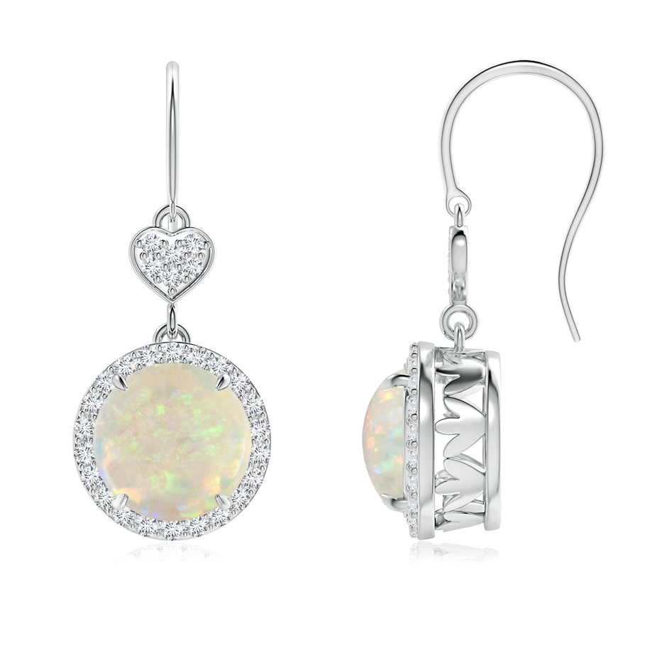 8mm AAA Claw-Set Cabochon Opal Dangle Earrings with Heart Motif in White Gold 