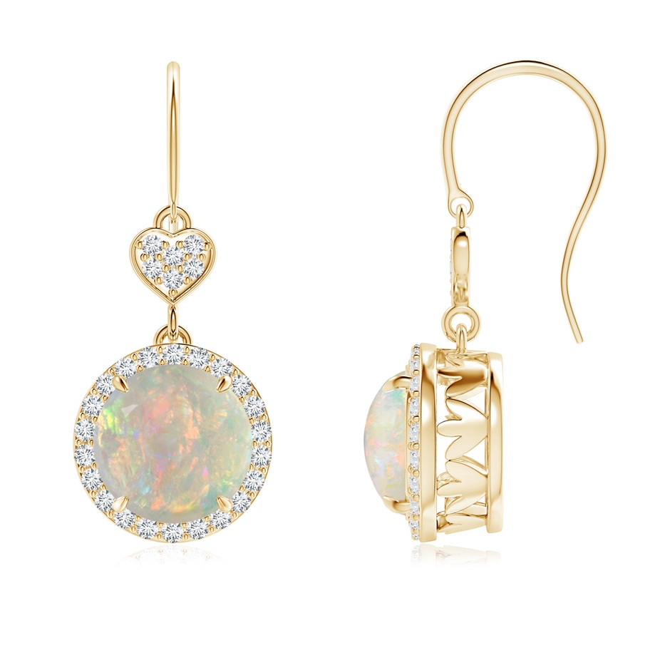 8mm AAAA Claw-Set Cabochon Opal Dangle Earrings with Heart Motif in Yellow Gold 