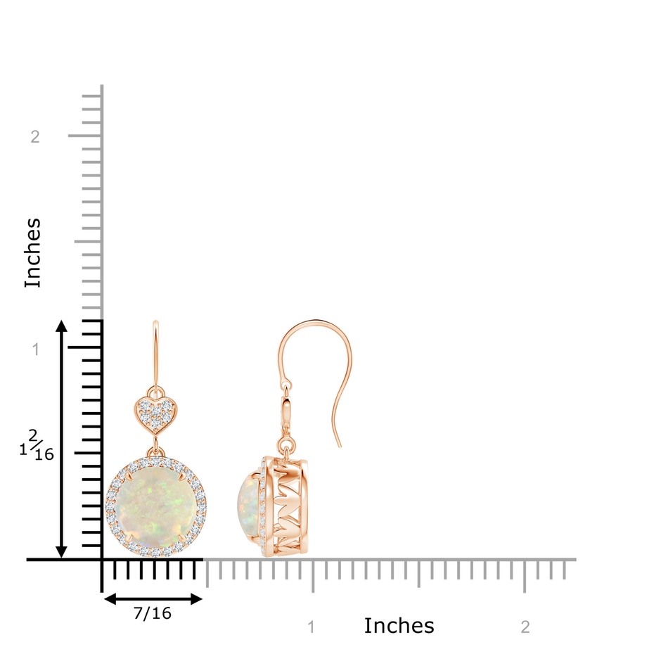 9mm AAA Claw-Set Cabochon Opal Dangle Earrings with Heart Motif in Rose Gold ruler