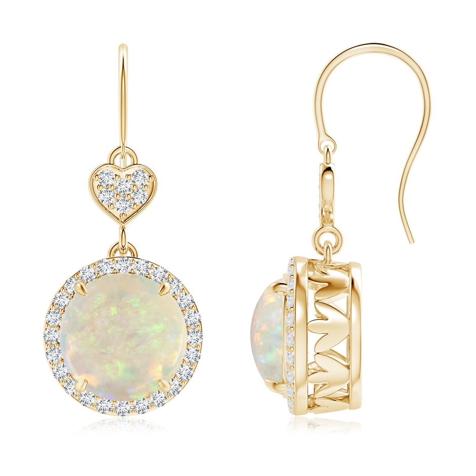 9mm AAA Claw-Set Cabochon Opal Dangle Earrings with Heart Motif in Yellow Gold 