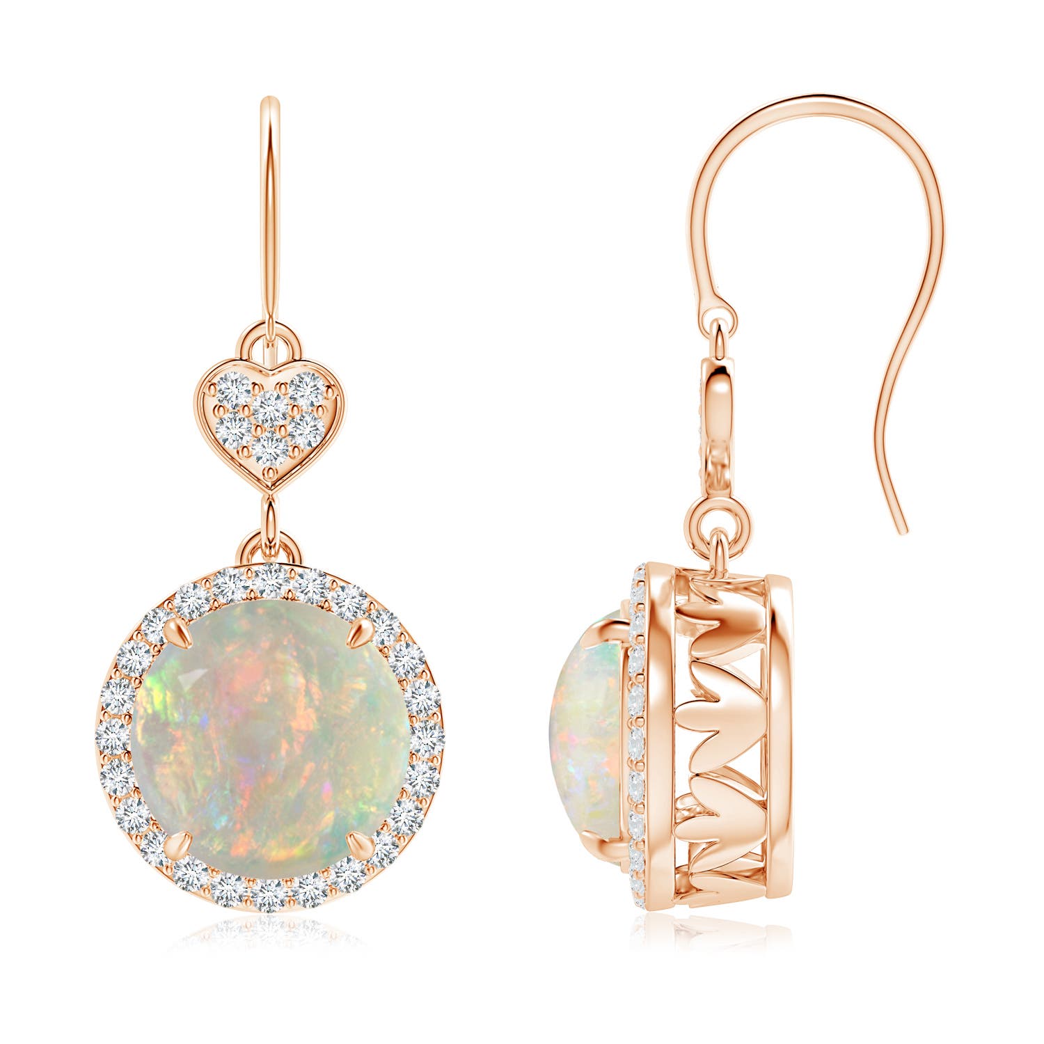 9mm AAAA Claw-Set Cabochon Opal Dangle Earrings with Heart Motif in 18CT Rose Gold