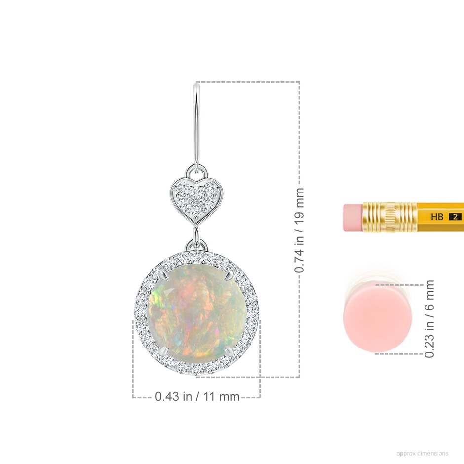 9mm AAAA Claw-Set Cabochon Opal Dangle Earrings with Heart Motif in P950 Platinum ruler