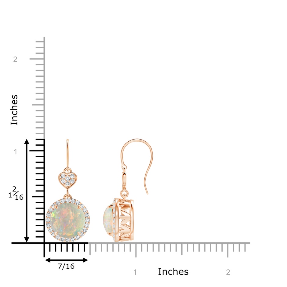 9mm AAAA Claw-Set Cabochon Opal Dangle Earrings with Heart Motif in Rose Gold ruler