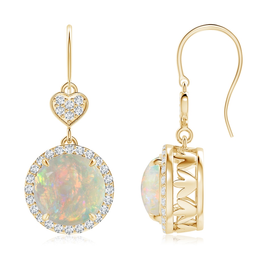 9mm AAAA Claw-Set Cabochon Opal Dangle Earrings with Heart Motif in Yellow Gold 