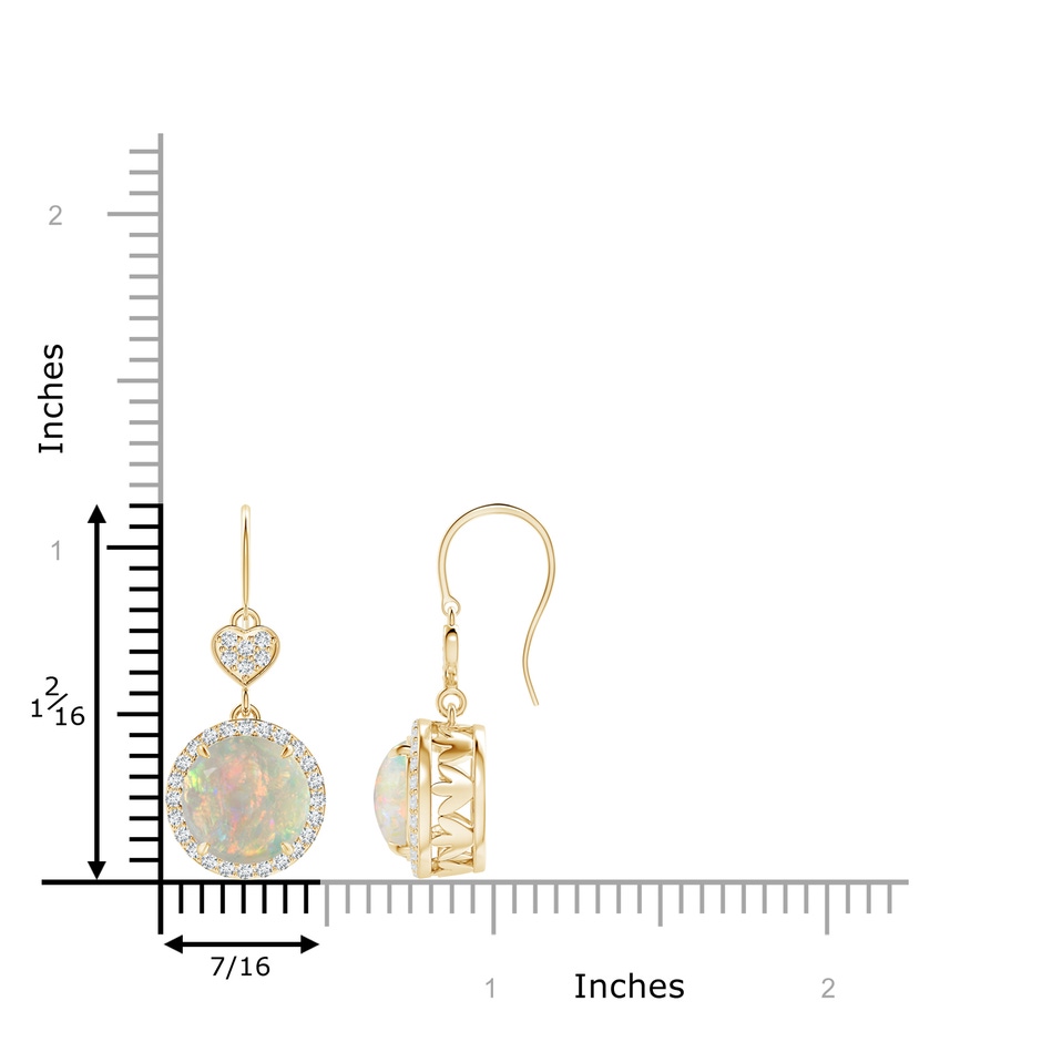 9mm AAAA Claw-Set Cabochon Opal Dangle Earrings with Heart Motif in Yellow Gold ruler