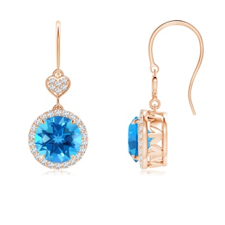 7mm AAAA Claw-Set Swiss Blue Topaz Dangle Earrings with Heart Motif in Rose Gold