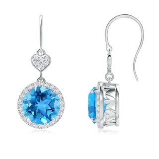 8mm AAA Claw-Set Swiss Blue Topaz Dangle Earrings with Heart Motif in White Gold