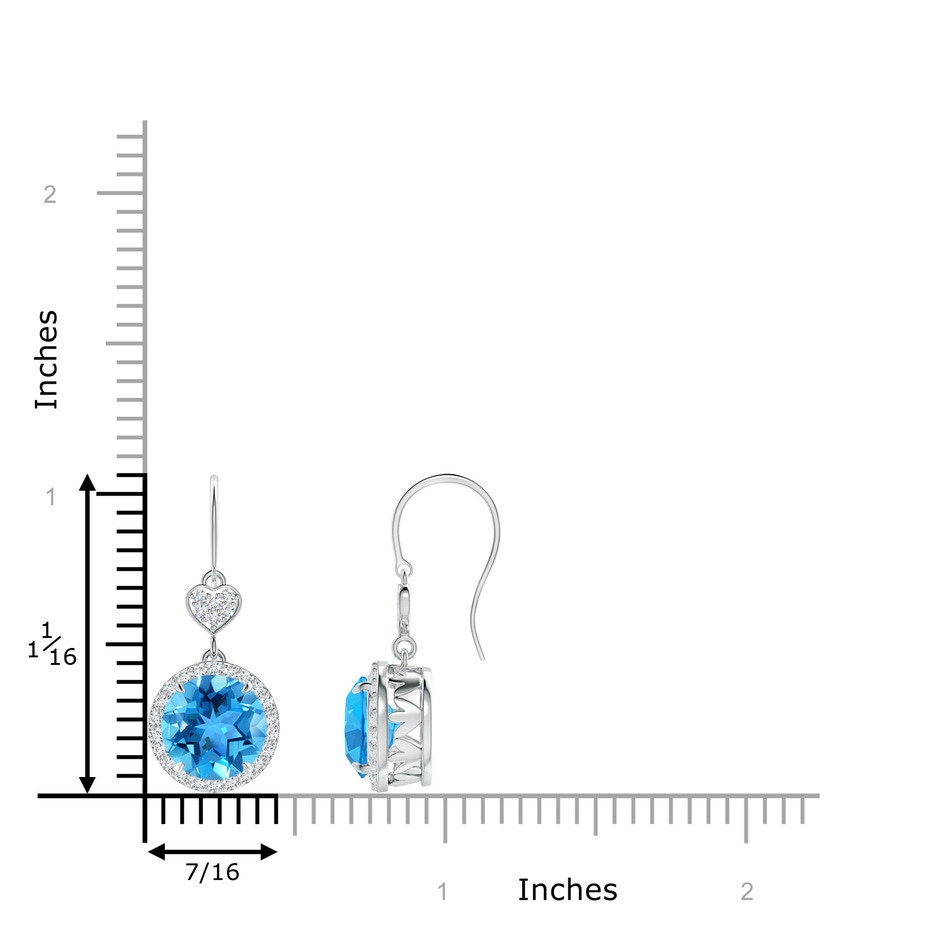 8mm AAA Claw-Set Swiss Blue Topaz Dangle Earrings with Heart Motif in White Gold ruler