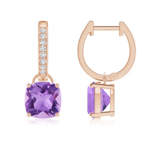 7mm A Cushion Amethyst Drop Earrings with Diamond Accents in 9K Rose Gold