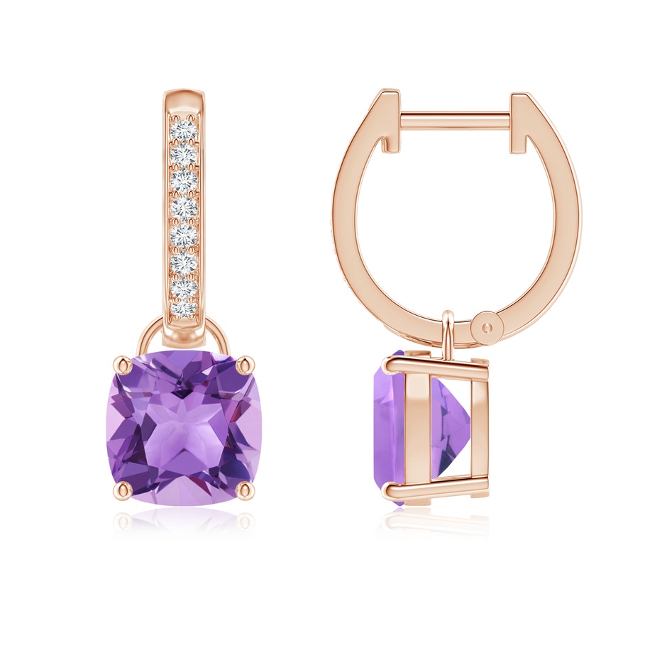 7mm A Cushion Amethyst Drop Earrings with Diamond Accents in Rose Gold 