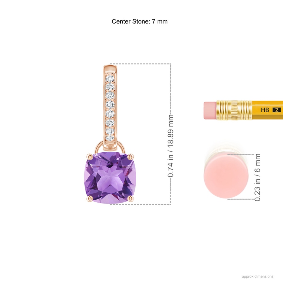 7mm A Cushion Amethyst Drop Earrings with Diamond Accents in Rose Gold ruler