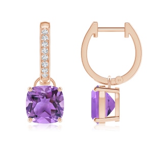 7mm AA Cushion Amethyst Drop Earrings with Diamond Accents in 9K Rose Gold