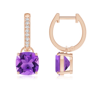 7mm AAA Cushion Amethyst Drop Earrings with Diamond Accents in 9K Rose Gold