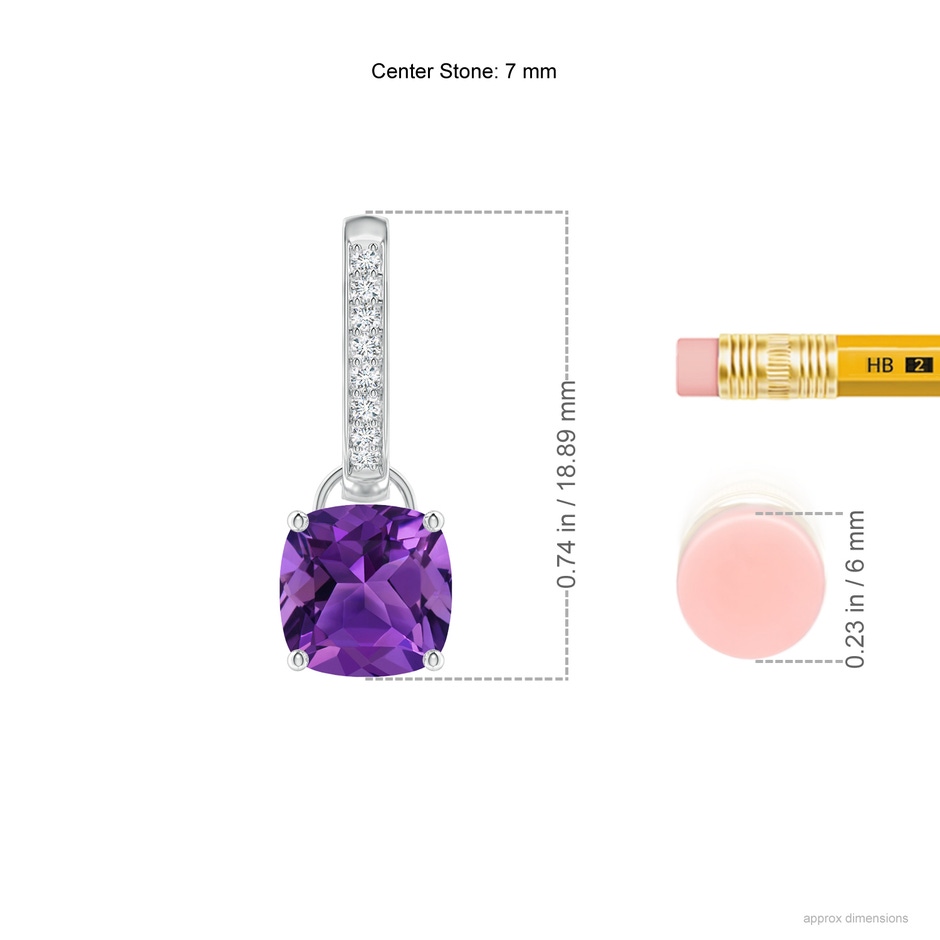 7mm AAAA Cushion Amethyst Drop Earrings with Diamond Accents in White Gold ruler