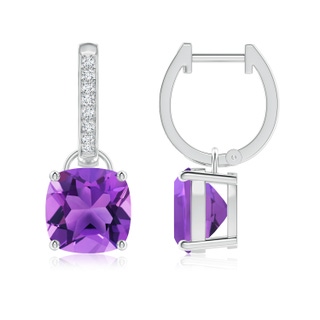 8mm AAA Cushion Amethyst Drop Earrings with Diamond Accents in White Gold