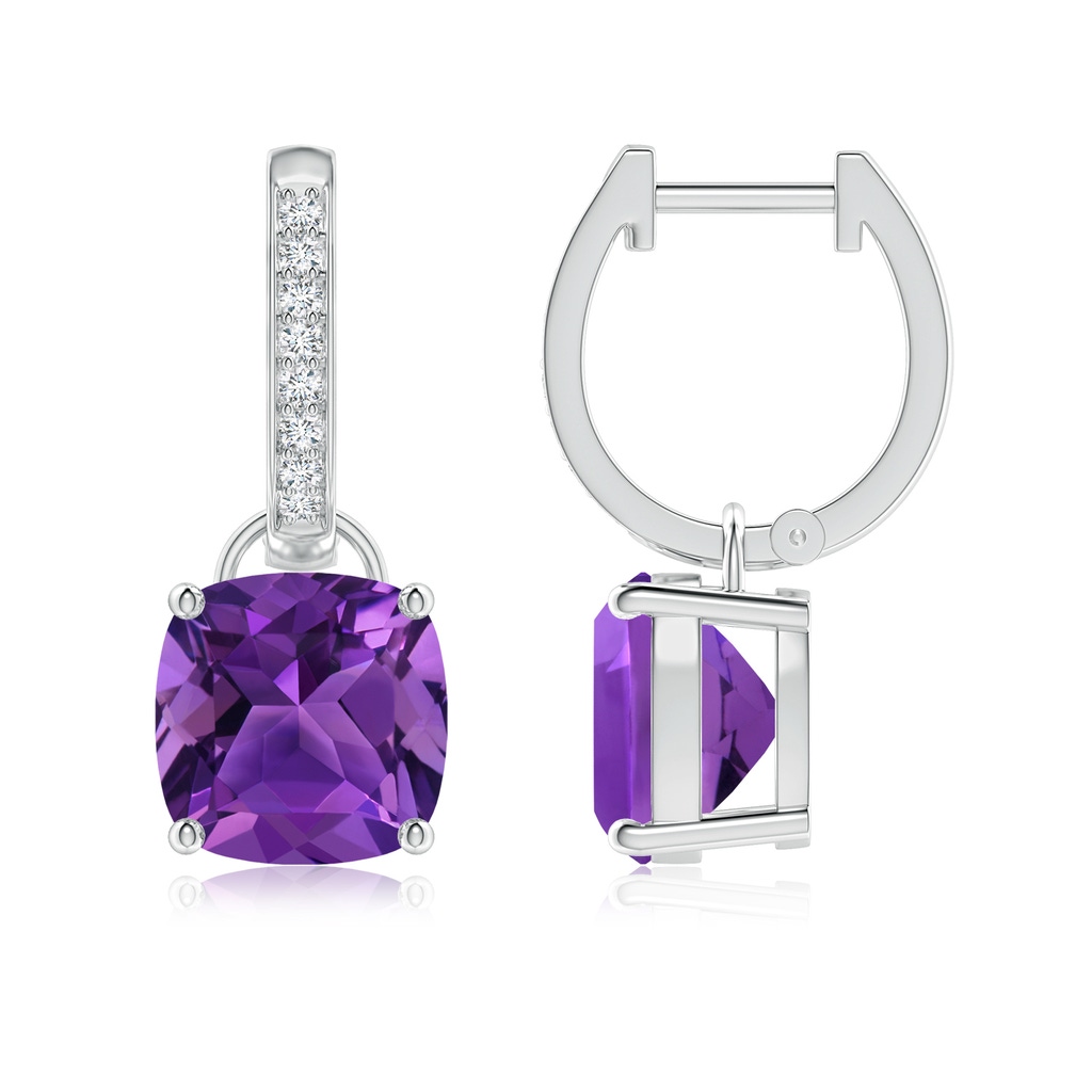8mm AAAA Cushion Amethyst Drop Earrings with Diamond Accents in White Gold