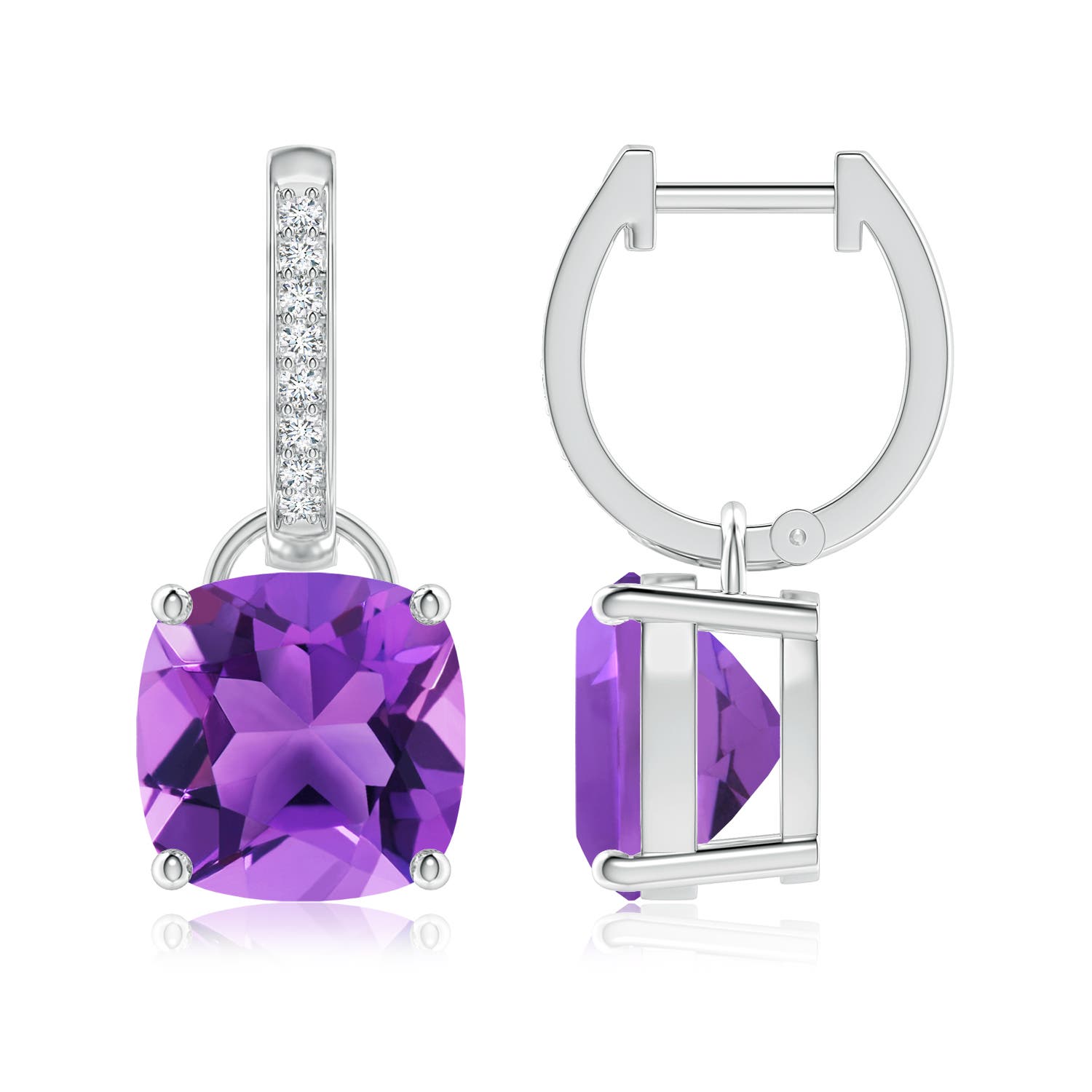 9mm AAA Cushion Amethyst Drop Earrings with Diamond Accents in P950 Platinum