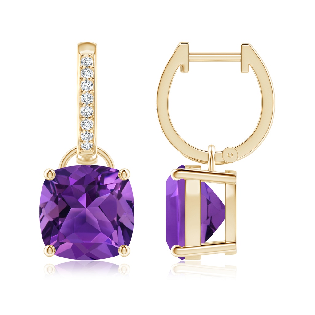 9mm AAAA Cushion Amethyst Drop Earrings with Diamond Accents in Yellow Gold