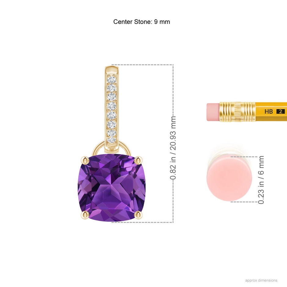 9mm AAAA Cushion Amethyst Drop Earrings with Diamond Accents in Yellow Gold ruler