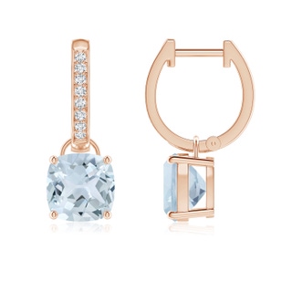 7mm A Cushion Aquamarine Drop Earrings with Diamond Accents in 9K Rose Gold