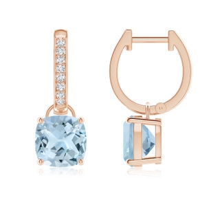 7mm AA Cushion Aquamarine Drop Earrings with Diamond Accents in 9K Rose Gold