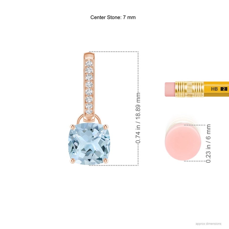 7mm AA Cushion Aquamarine Drop Earrings with Diamond Accents in Rose Gold ruler