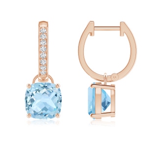 7mm AAA Cushion Aquamarine Drop Earrings with Diamond Accents in Rose Gold