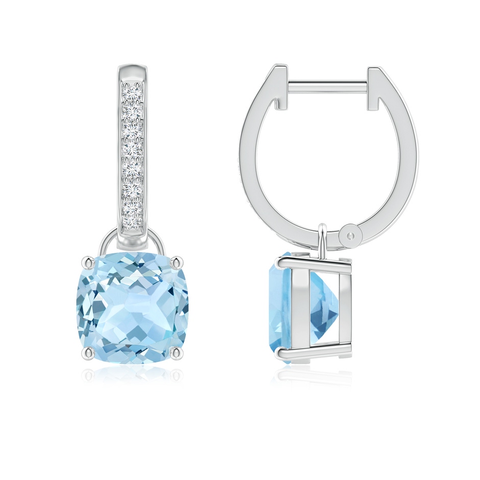 7mm AAA Cushion Aquamarine Drop Earrings with Diamond Accents in White Gold 