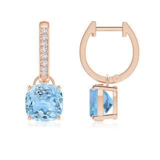 7mm AAAA Cushion Aquamarine Drop Earrings with Diamond Accents in 9K Rose Gold