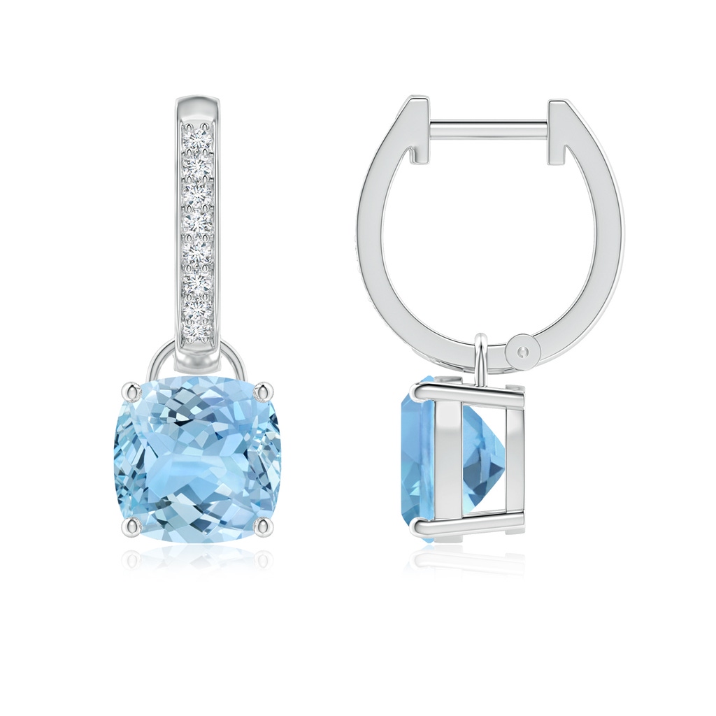 7mm AAAA Cushion Aquamarine Drop Earrings with Diamond Accents in White Gold
