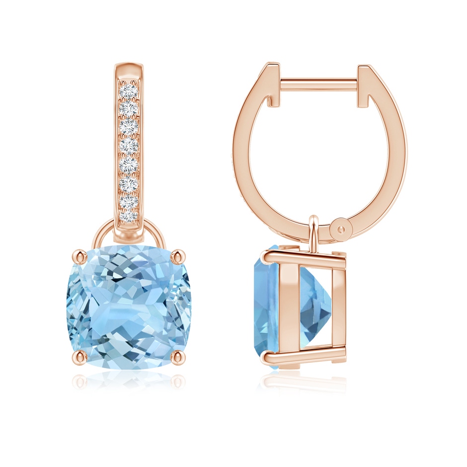 8mm AAAA Cushion Aquamarine Drop Earrings with Diamond Accents in Rose Gold 