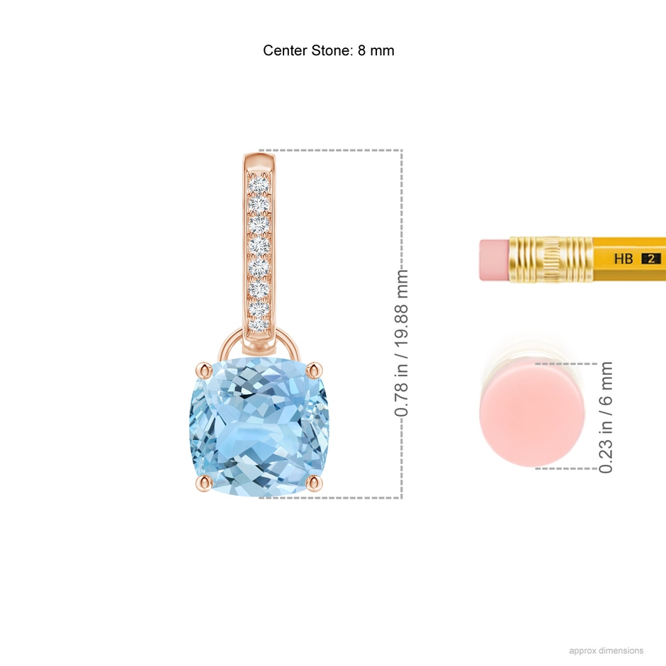 8mm AAAA Cushion Aquamarine Drop Earrings with Diamond Accents in Rose Gold ruler